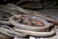 Pile of used bicycle wheels in an abandoned garbage dump