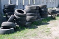 Pile of used car old tires