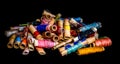 Pile of used colorful spools of thread tailoring Royalty Free Stock Photo