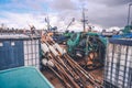 Pile of used fishing and nautical equipment on a ship on a dock in Kappeln, Germany Royalty Free Stock Photo