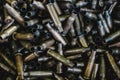 Pile of used rifle cartridges 7.62 mm caliber, many empty bullet shells, assault rifle bullet shell, military background, top view Royalty Free Stock Photo