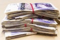 Pile of used UK 20 pound notes Royalty Free Stock Photo