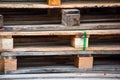 A pile of used wooden pallets is close Royalty Free Stock Photo