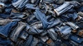 Pile of various blue denim jeans in different shades and styles for background Royalty Free Stock Photo