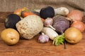 Pile of various raw root vegetables on the rustic table