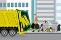 Pile of various trash on city street. Urban waste recycling. Garbage truck and garbage man collector Royalty Free Stock Photo