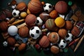 A pile of various types of sports balls, ready to be used for play, recreation, and enjoyment, Sports Equipment, AI Generated Royalty Free Stock Photo