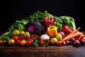 Pile of Vegetables on Wooden Table, Fresh fruits and vegetables arranged on a dark rustic background, highlighting the concept of Royalty Free Stock Photo