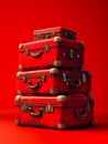 Pile of Vintage Red Leather Suitcases Stacked Against a Vibrant Red Background Travel and Luggage Concept Royalty Free Stock Photo