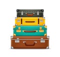 Pile vintage suitcases. Realistic old fashioned colorful briefcases stack, travel bags pyramid, ream luggage with locks Royalty Free Stock Photo