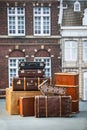 Pile of vintage suitcases. Vintage travel luggage Royalty Free Stock Photo