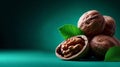 A pile of walnuts with leaves on a green background Royalty Free Stock Photo