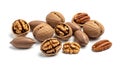 Pile of walnuts and pecans walnuts on white surface close up Royalty Free Stock Photo