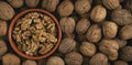 Pile of walnuts and peeled nuts in bowl. Panorama. Royalty Free Stock Photo