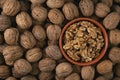 Pile of walnuts and peeled nuts in bowl. Royalty Free Stock Photo