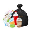 Pile of waste dump and bag plastic black isolated on white background, plastic bottle garbage waste, plastic waste glass and paper