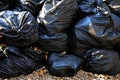 Pile waste plastic bags many garbage trash closeup for background, pile of garbage plastic black, pollution trash plastic waste an