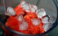 A pile of watermelon fruit cuts into small pieces with ice cubes and sugar inside an electric blender ready to be blended