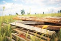 pile of weathered planks in a field Royalty Free Stock Photo