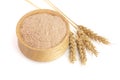 Pile of wheat bran in wooden bowl with ears isolated on white background