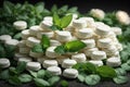 Pile of white mints candy with a green mint leaves. ai generative Royalty Free Stock Photo