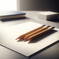 Pile of white paper with pencils sits on office desk Royalty Free Stock Photo