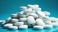 A pile of white pills on a blue surface. Generative AI image. Royalty Free Stock Photo
