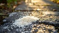 Pile of white rice grains scattered on wet gray stone pathway with sunlight reflections Royalty Free Stock Photo