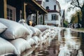 Pile of white sacks on the street after a flood in the city, Flood Protection Sandbags with flooded homes in the background, AI