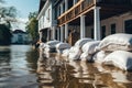 Pile of white sandbags on the water. Flood in the country, Flood Protection Sandbags with flooded homes in the background, AI