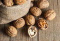 Walnut kernel with thin shell on wooden vintage rustic backdrop. Fresh walnuts background concept Royalty Free Stock Photo