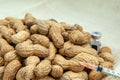 A pile of whole peanuts with a syringe and medicine bottle for nuts allergies. Copy space Royalty Free Stock Photo