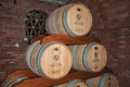 Pile of wood barrels for wine at the Salton Winery