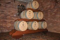 Pile of wood barrels for wine at the Salton Winery