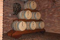 Pile of wood barrels for wine at the Salton Winery