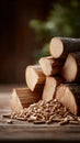 A pile of wood and wood chips on a table Royalty Free Stock Photo