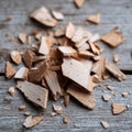 A pile of wood chips on a wooden surface Royalty Free Stock Photo