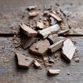 A pile of wood chips on a wooden table Royalty Free Stock Photo
