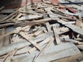 Pile of wood debris at a shop building demolition site, Construction waste on the restaurant floor Royalty Free Stock Photo