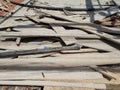 Pile of wood debris at a shop building demolition site, Construction waste on the restaurant floor Royalty Free Stock Photo