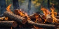 A pile of wood logs with a fire burning in the background. Royalty Free Stock Photo