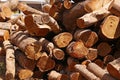 Pile of wood logs stacked together on top of each other. Stack of firewood close up Royalty Free Stock Photo
