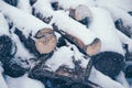 Pile of wood logs under snow Royalty Free Stock Photo