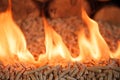 Pile of wood pellets, burning in flames Royalty Free Stock Photo