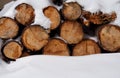 A pile of wood in snow