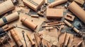 A pile of wood and tools on a table Royalty Free Stock Photo