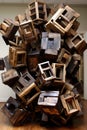 A pile of wooden boxes stacked on top of each other. AI Royalty Free Stock Photo