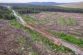 Pile of wooden logs by temporary road and huge field with freshly cut forest. Forestry industry. Increase in use of firewood due Royalty Free Stock Photo