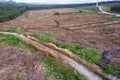 Pile of wooden logs by temporary road and huge field with freshly cut forest. Forestry industry. Increase in use of firewood due Royalty Free Stock Photo