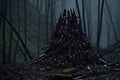 Pile of wooden skulls in a dark forest, Halloween concept